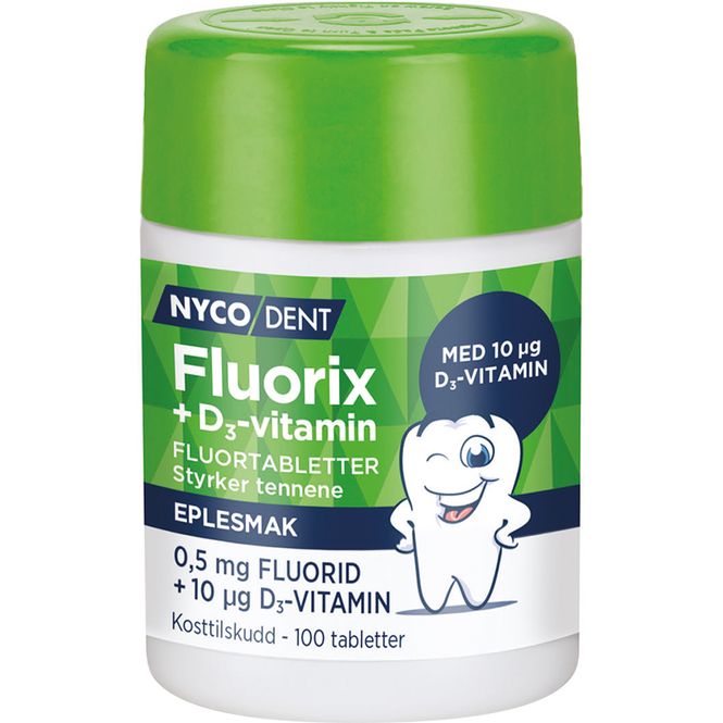 Hovedbilde Nycodent Fluorix Fluortabletter 0,50 mg m/D3-vitamin Eple 100 st