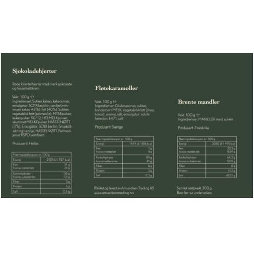 Apotekets Søte Fristelser Fløtekarameller, Sjokoladehjerter, Brente Mandler 3x100 g
