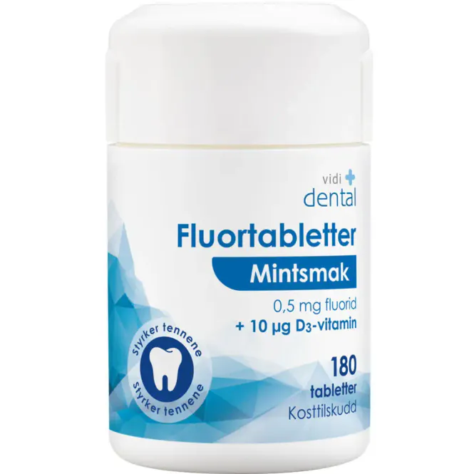 Hovedbilde Vidi Dental Fluortabletter 0,5 mg Mintsmak + D3 180 stk